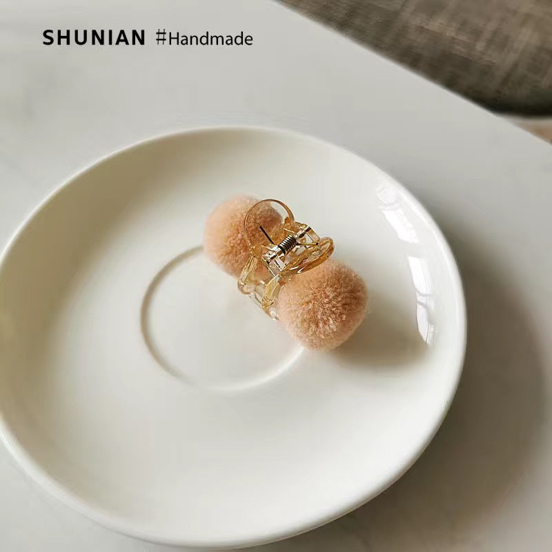 6 Pc - Cute plush ball hairpin - Brown