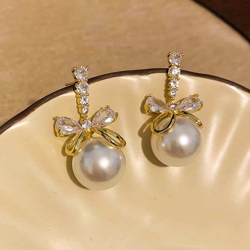 6 Pairs - Super Shiny Zircon Bowknot Pearl Silver Needle Earrings (Mix Color) (1 Pair Price - 42)
