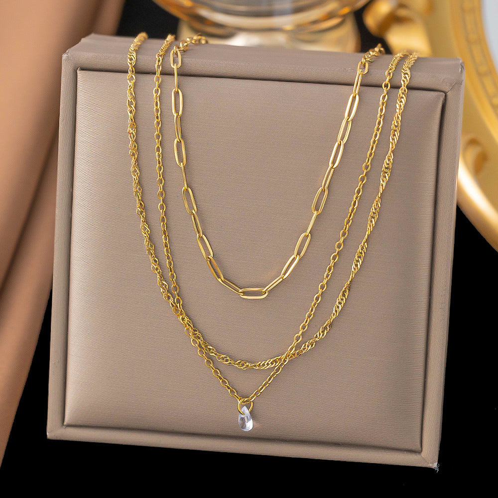 3 Pc - Anti Tarnish Three-layer chain diamond necklace - Gold (1 Pc Price - 93)