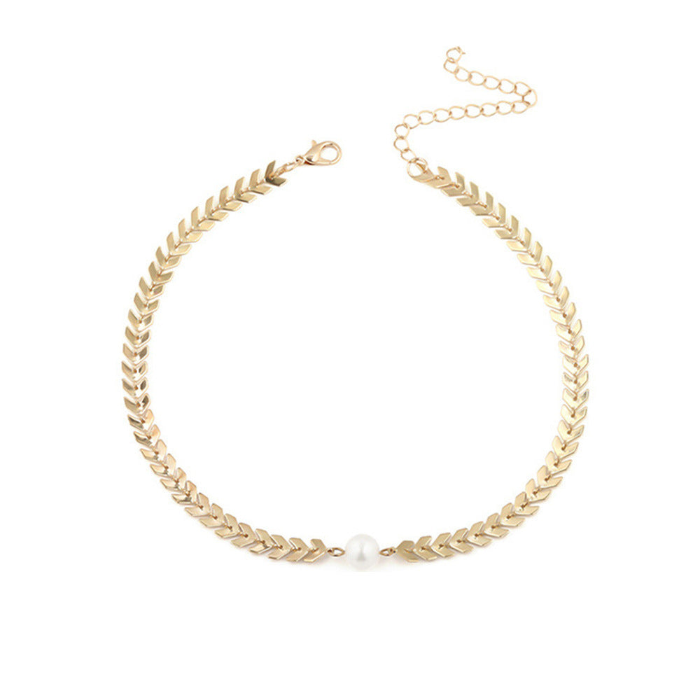 12 Pc - Fishbone  Chain Pearl Pendant Short Necklace (Unit Price - 25.00)