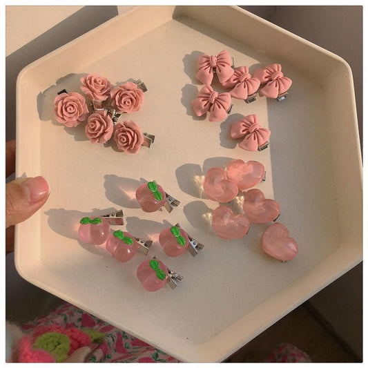 10 Pc - Spring Fresh Cute Peach Rose Bow Heart Hairpin opp packing (1 Pc Price - 5)