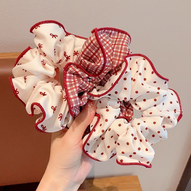 10 Pc - Red Sweet Polka Dot Bow Scrunchie Ponytail Bun Hair Tie opp packing (1 Pc Price - 12)