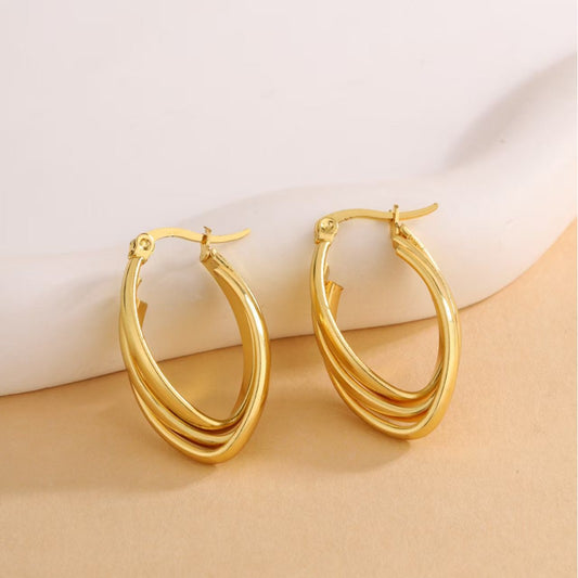 3 Pairs - Anti Tarnish Oval multi layer Hoop Earrings (1 Pair Price - 77)