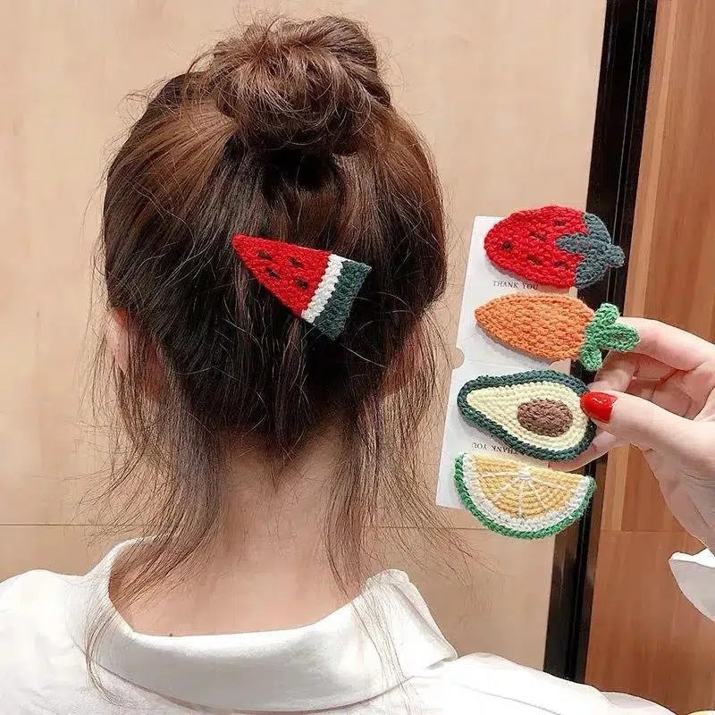 6 Pc - Large Handmade Woven Wool Fruit Series Hairpin opp packing (1 Pc Price - 12)