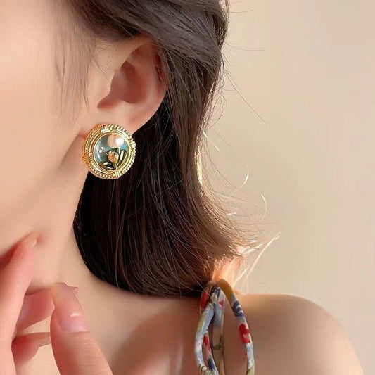 6 Pairs - Monet Garden Oil Painting Style Imitation Pearl Earrings  (1 Pair Price - 35)