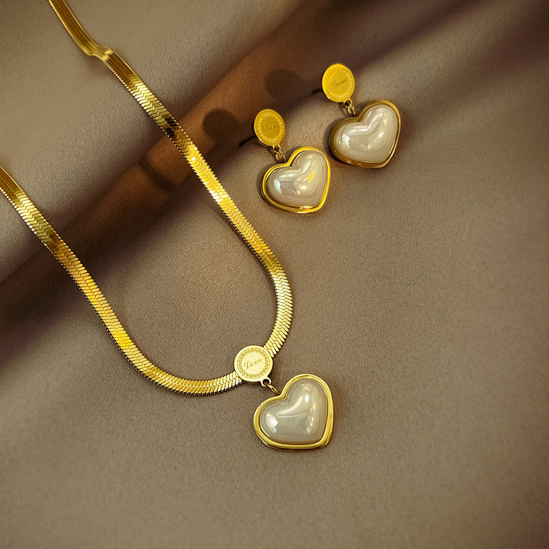 3 Set - Anti Tarnish Heart-shaped white shell earring necklace set gold (1 Set Price - 242)
