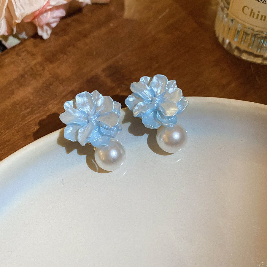 6 Pairs - Popular White Blue Pink Flower Pearl Earrings (Mix Color) (1 Pair Price - 30)