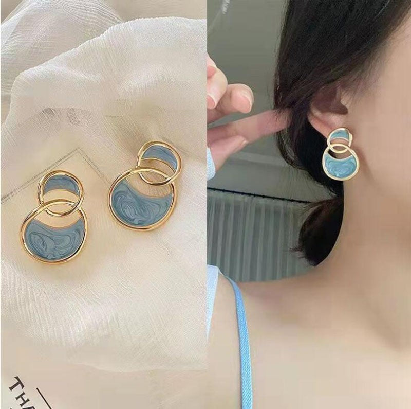 6 Pairs - Double-Ring Drip Glaze Sea Blue Travel Earrings (1 Pair Price - 25)