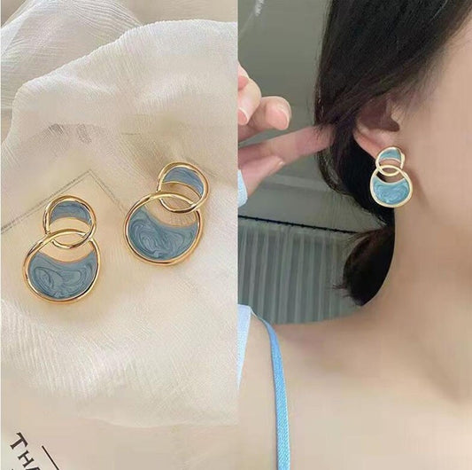 6 Pairs - Double-Ring Drip Glaze Sea Blue Travel Earrings (1 Pair Price - 25)