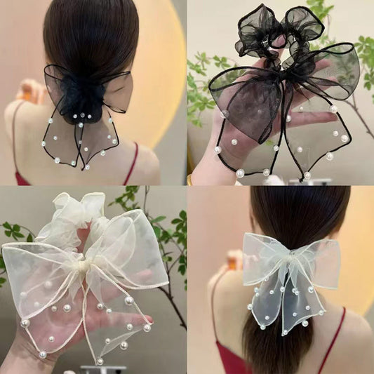 3 Pc - New lace Pearl bow hair rope (Mix Color OPP packing) (1 Pc Price - 42)