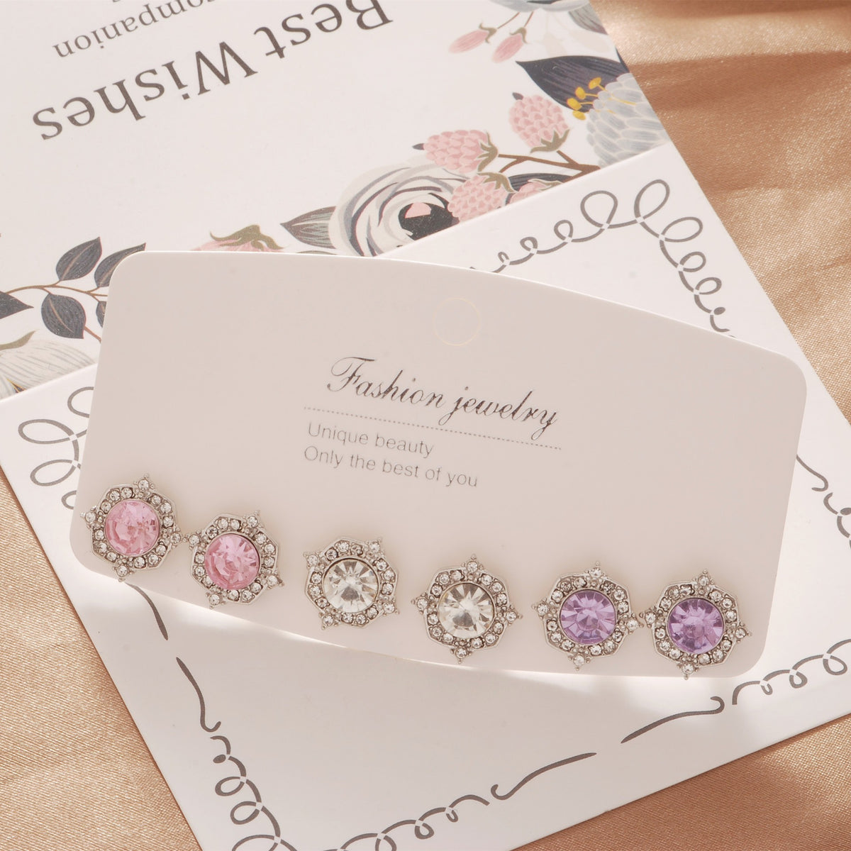 6 Pairs - Round Diamond Stud Earrings (Mix Color) (1 Pair Price - 23)