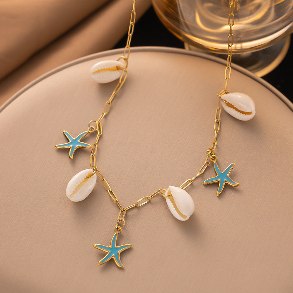 3 Set - Anti Tarnish Blue starfish necklace earring set gold (1 Set Price - 174)