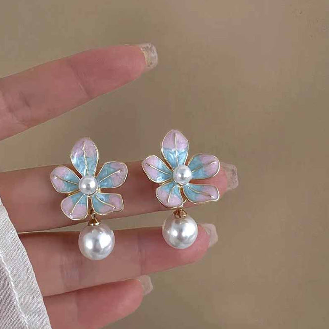 6 Pairs - Enamel Pink and Blue Petal Earrings (1 Pair Price - 31)