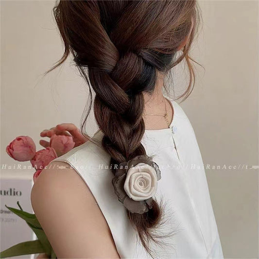 3 Pc - New French Retro Rose Flower Girls Hair Rope - Coffee Beige (1 Pc Price - 19)