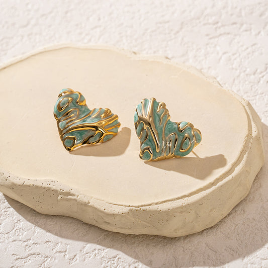 3 Pairs - Colorful Oil Drop Stainless Steel Heart Earrings - Green (1 Pair Price - 51)