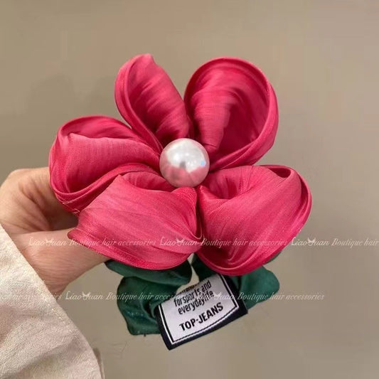 3 Pc - Flower Hair Ties for Girls - Dark Pink Flower (1 Pc Price - 31)