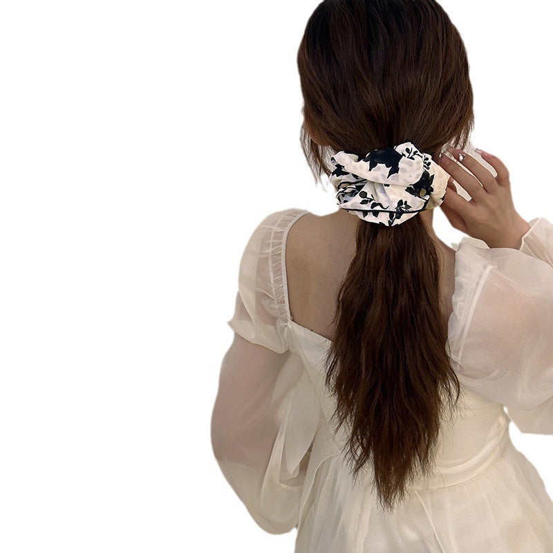 3 Pc - White background with black flower ribbon skirt hair rope rubberband (1 Pc -  Price - 43)