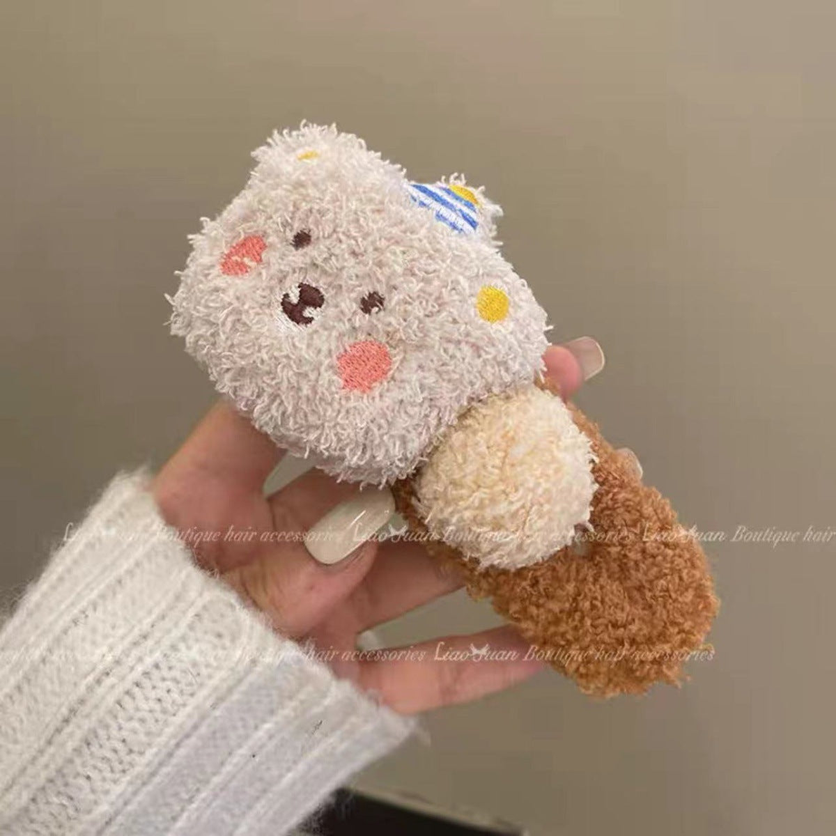 3 Pc - Plush pudding beige bear large duckbill hairpin (Unit Price - 23)
