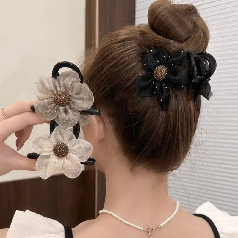 6 Pc - Mesh camellia rhinestone grip clip (Mix Color) (1 Pc Price - 29)