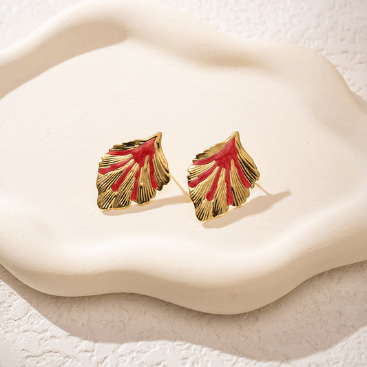 3 Pairs - Colorful Oil Drop Stainless Steel Leaf Earrings - Red (1 Pair Price - 51)