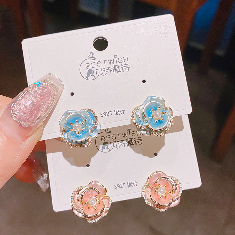 6 Pairs - Dripping Glaze Silver Needle Pink Rose Flower Pearl Earrings (Mix Color)  (1 Pair Price - 32)