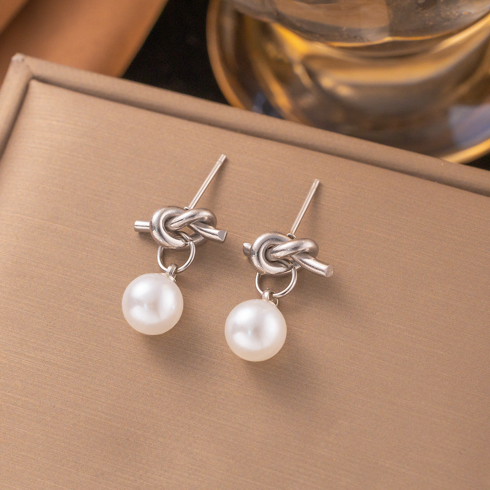3 Pairs - Anti Tarnish Knotted pearl earrings silver (1 Pair Price - 58)