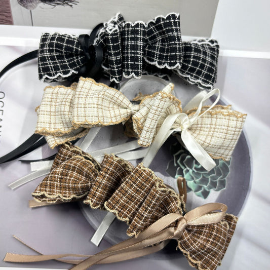 6 Pc - French-Style Retro Fabric Plaid Romantic Ribbon Bow Large Banana Clip (Mix Color) (1 Pc Price - 50)
