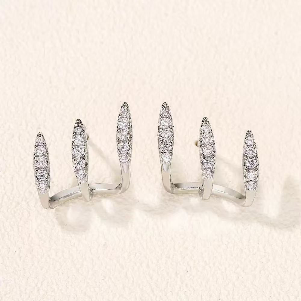 6 Pairs - Three-layer curved stud earrings - Silver (1 Pair Price - 18)