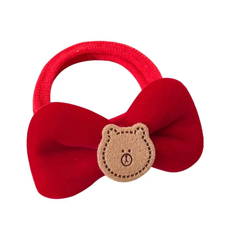 6 Pc - New Year's red velvet bear and bow rubber band (Unit Price - 5)
