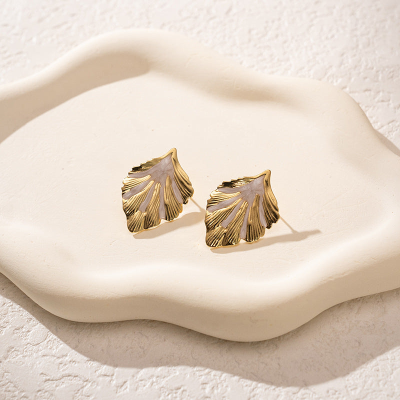 3 Pairs - Colorful Oil Drop Stainless Steel Leaf  Earrings - White color (1 Pair Price - 51)