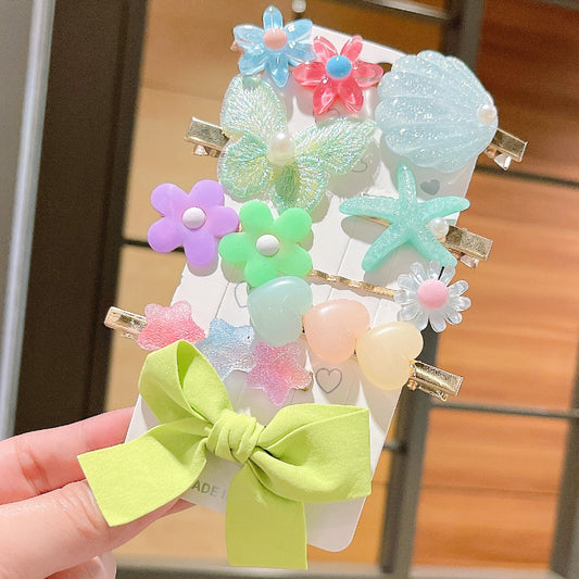 Green Bow Starfish Shell 9-piece Set Hairclip Card Packing