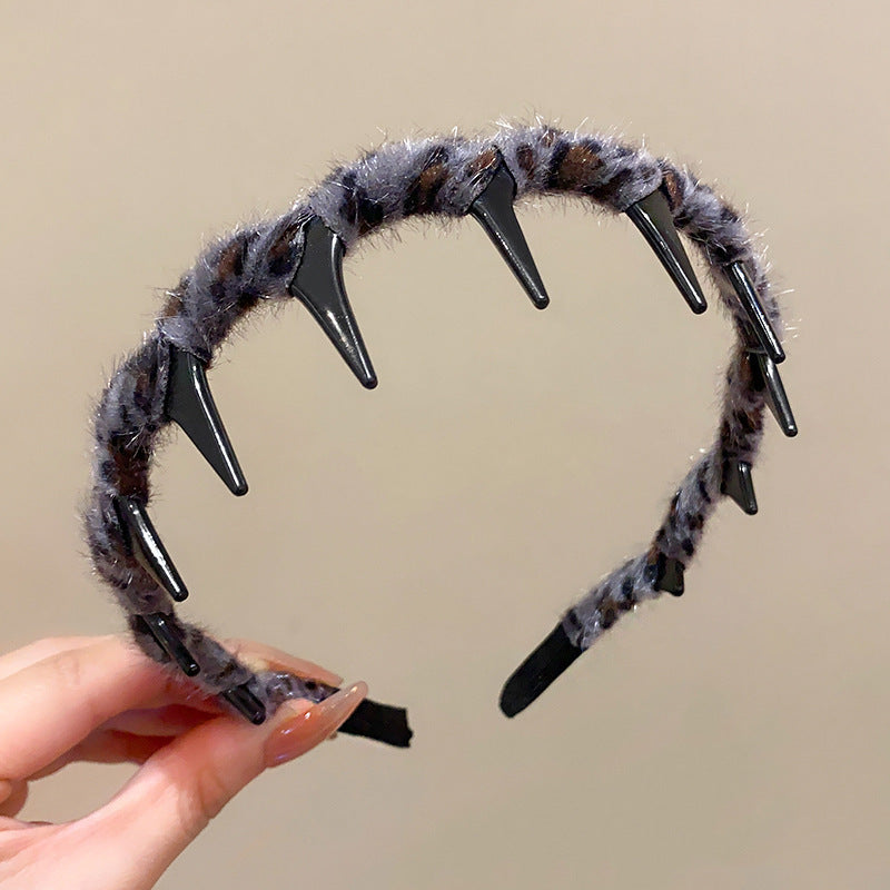 6 Pc - Plush Leopard Print Toothed Non-Slip Headband (Mix Color) (Unit Price - 20)