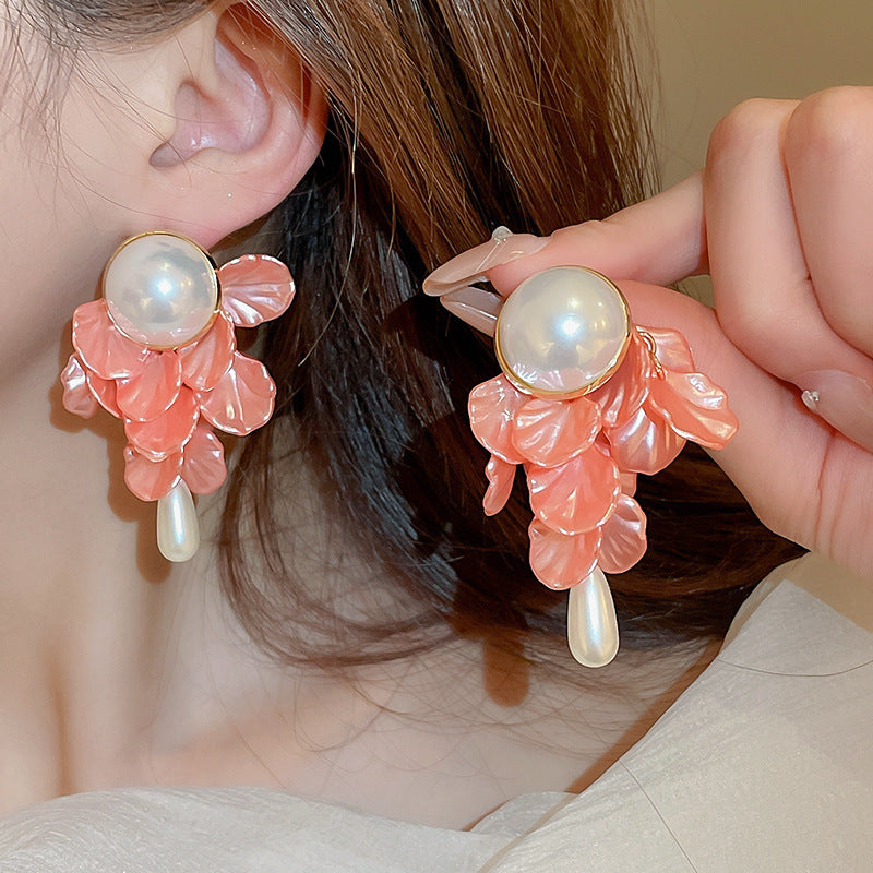 6 Set - Silver needle water drop pearl petal tassel earrings (Mix color) (Unit price 57)