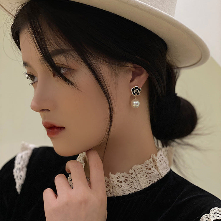 6 Pairs - Korean Black Rose Flower Pearl Earrings (1 Pair Price - 30)