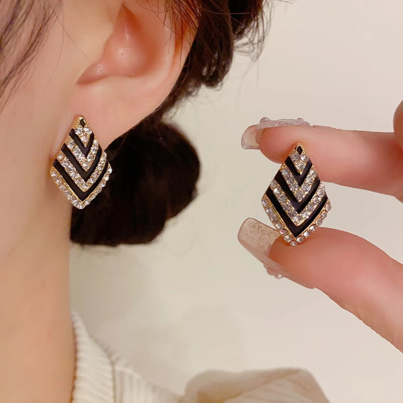 6 Pairs - Rhombus Black White Striped Rhinestone Earrings (1 Pair Price - 23)