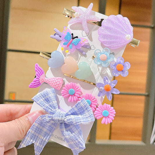 Light Purple Plaid Bow Starfish Shell 9-piece set hairclip Card Packing