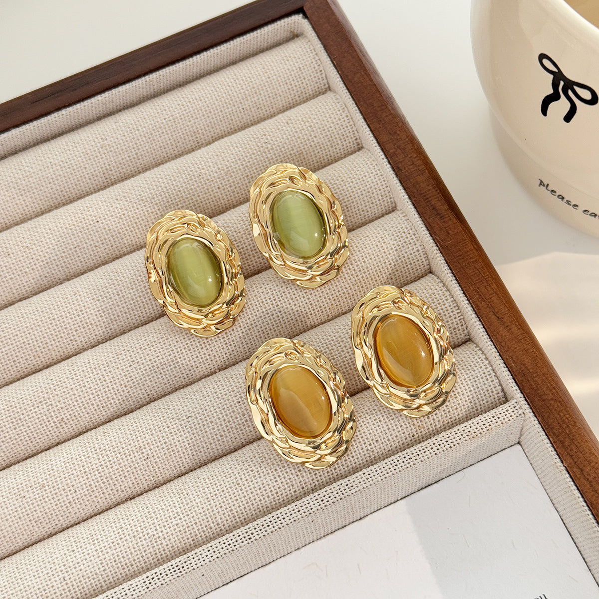6 Pairs - Medieval Style Retro Golden Natural Stone Cat's Eye Earrings (Mix Color) (1 Pair Price - 32)