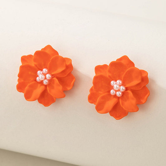 6 pc - Fresh three-dimensional Orange Flower Pearl Earrings (Unit Price - 21)