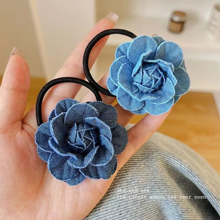 3 Pc - Sweet Cool Denim Blue Camellia Hair Rubberband - Sky Blue (1 Pc Price - 19)