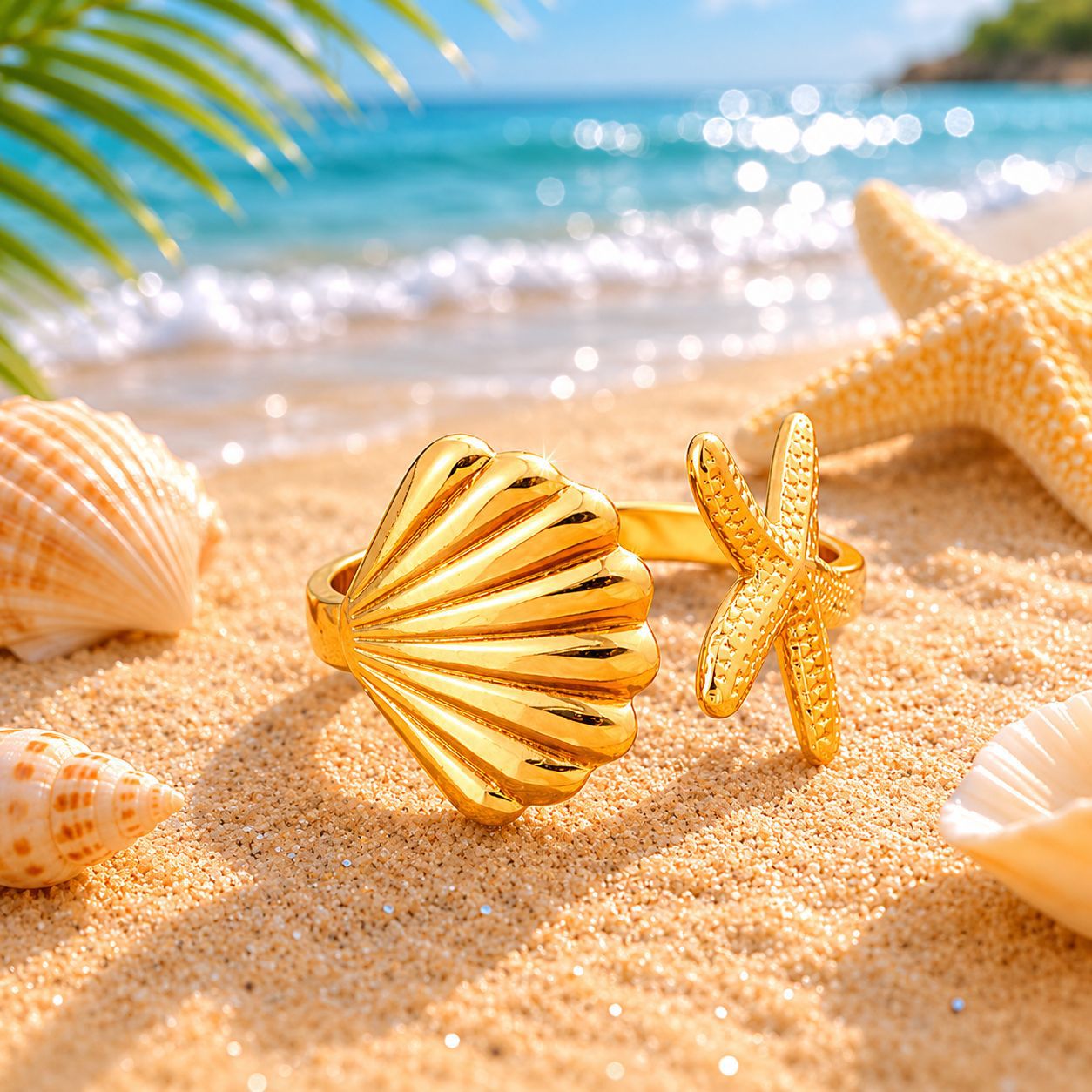 3 Pc - Anti Tarnish Shell Starfish Ring gold (1 Pc Price - 46)