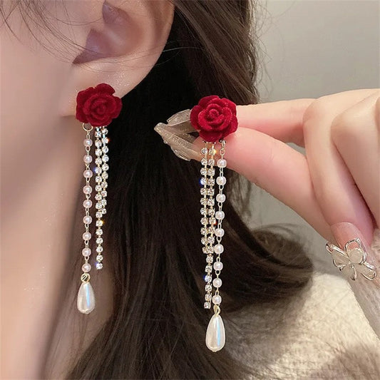 6 Pairs - Flocking Camellia Flower Pearl Tassel Earrings (1 Pair Price - 43)