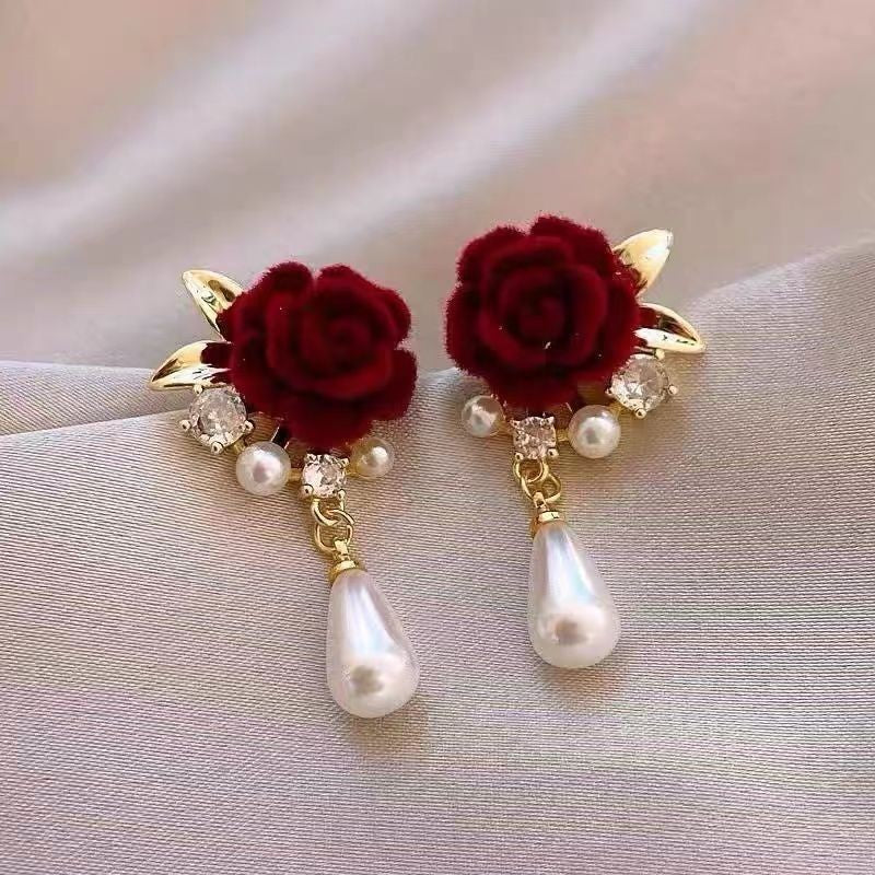 6 Pairs - Black and red velvet rose pearl earrings (Mix Color) (1 Pair Price - 29)