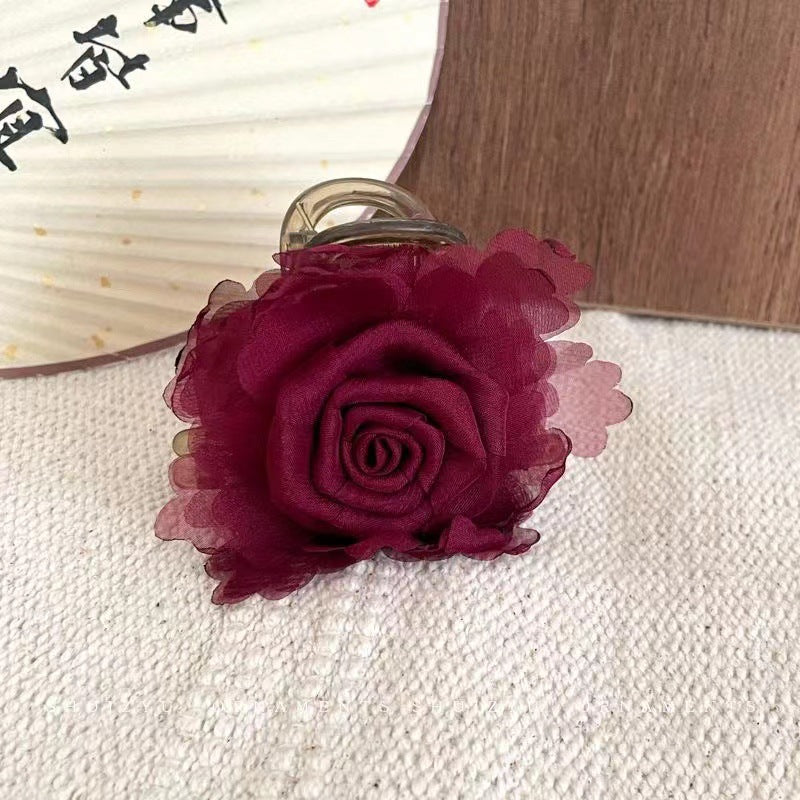 3 Pc - Fairy-Style Tulle Rose Acrylic Hair Clip Cluther - Maroon (1 Pc Price - 40)