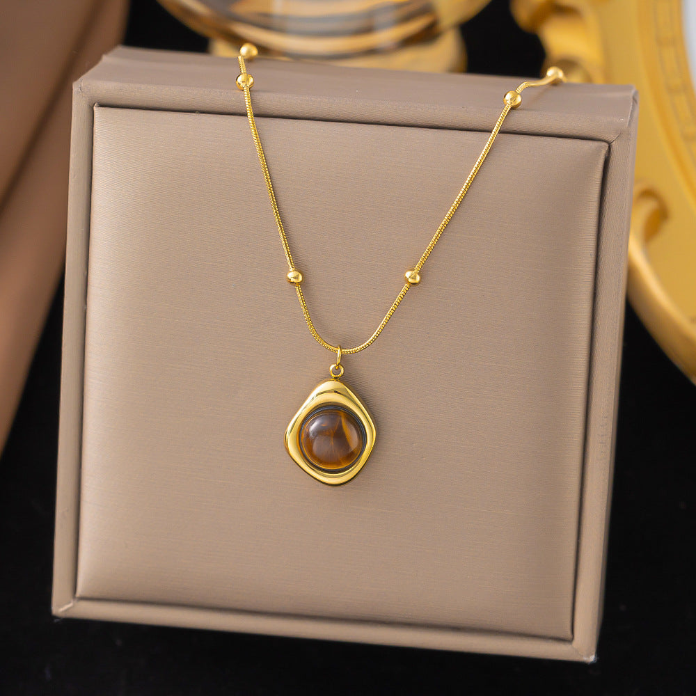 3 Pc - Anti Tarnish Geometric tiger eye stone necklace gold (1 Pc Price - 117)