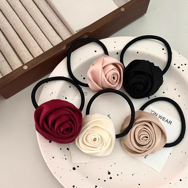 5 Pc - French Satin Retro Handmade Rose Hair Band, Elegant Elegant Hair Tie Rubber band (Mix Color OPP bag) (Unit Price 13)
