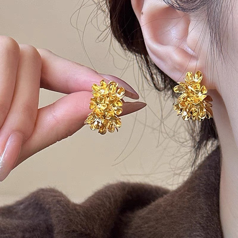 6 Pairs - Floral Cluster Flower C-Shaped Earrings - Golden (1 Pair Price - 30)