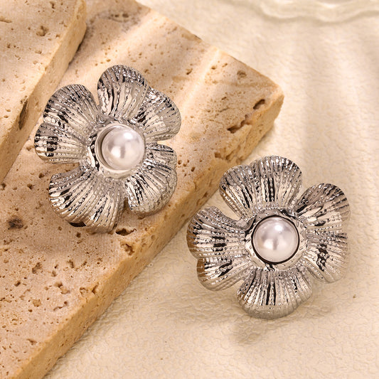 3 Pairs - Anti Tarnish Flower Pearl Silver Earrings (1 Pair Price - 55)