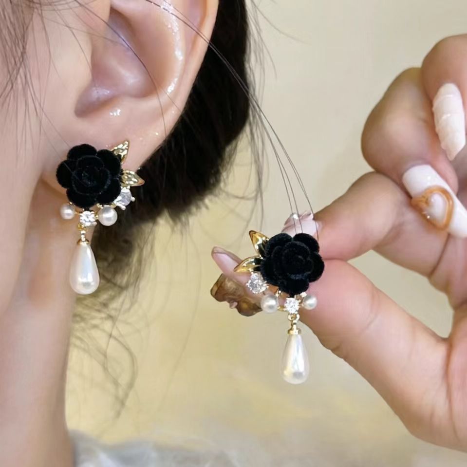 6 Pairs - Black and red velvet rose pearl earrings (Mix Color) (1 Pair Price - 29)