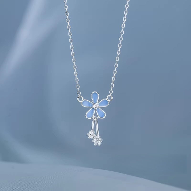 3 Pc - Anti Tarnish Light Luxury and Versatile Blue Flower Necklace (1 Pc Price - 90)