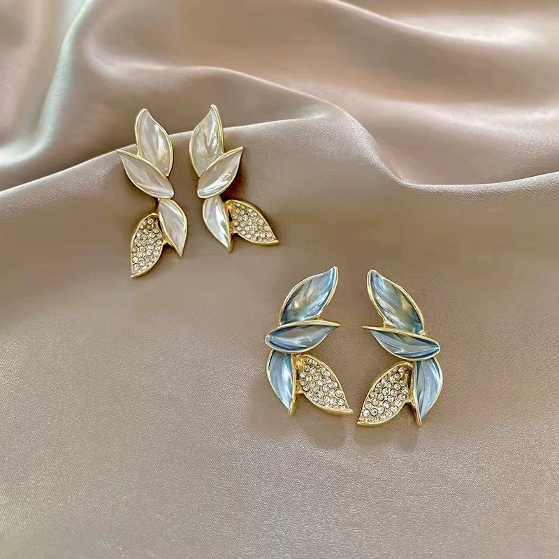 6 Set - Sparkling diamond long leaf earrings - White (1 Set price - 37)